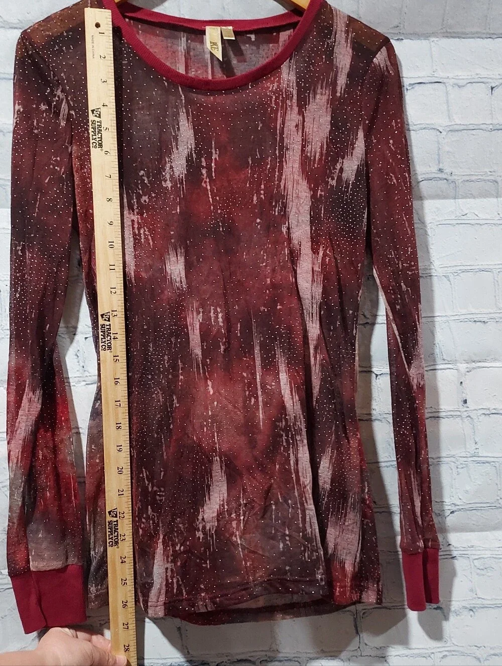 BKE L Red Sheer Top Studded Crew Neck Long Sleeve Gothic Vampire Biker Rocker